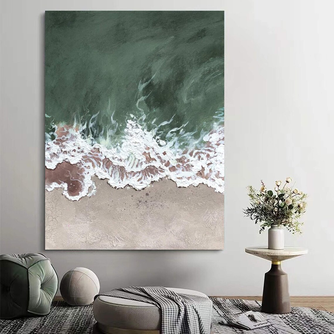 Aerial Green Sea White Foam Waves Pale Sand Beach Ocean Scene Poster - Image 5