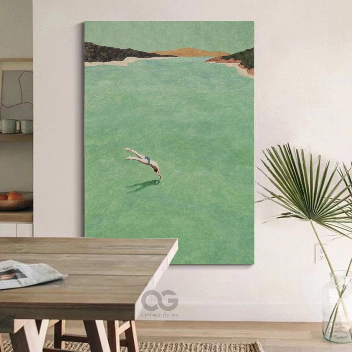 Vintage Man Diving Into Turquoise Sea Coastal Summer Holiday Wall Poster - Image 2