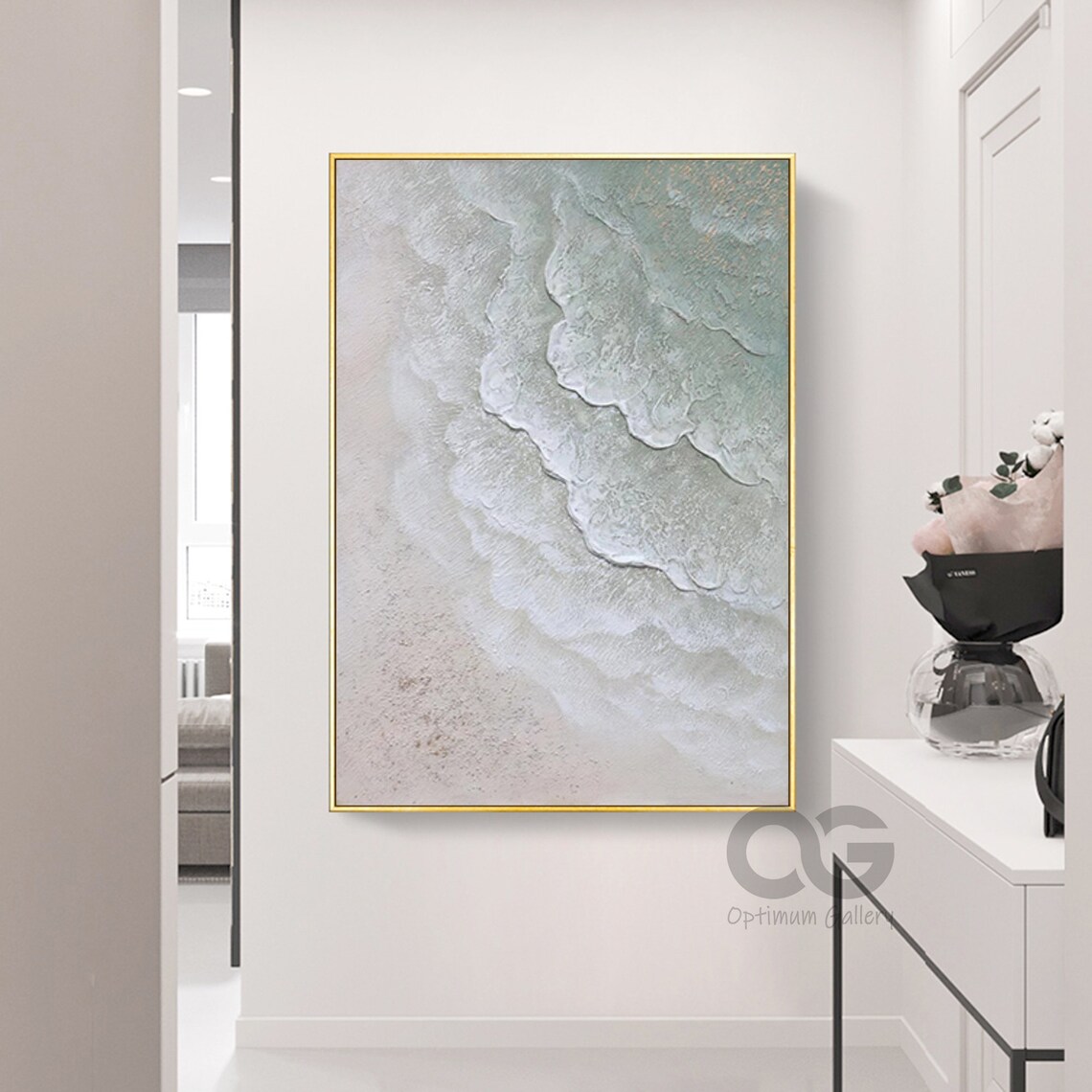 Aerial Ocean Foam Painting Soft Green White Waves Textured Beach Wall Art Poster - Image 3
