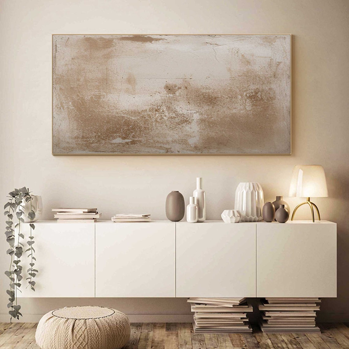 Wide Beige Abstract Sandy Brown Washes Textured Neutral Canvas Poster - Image 2