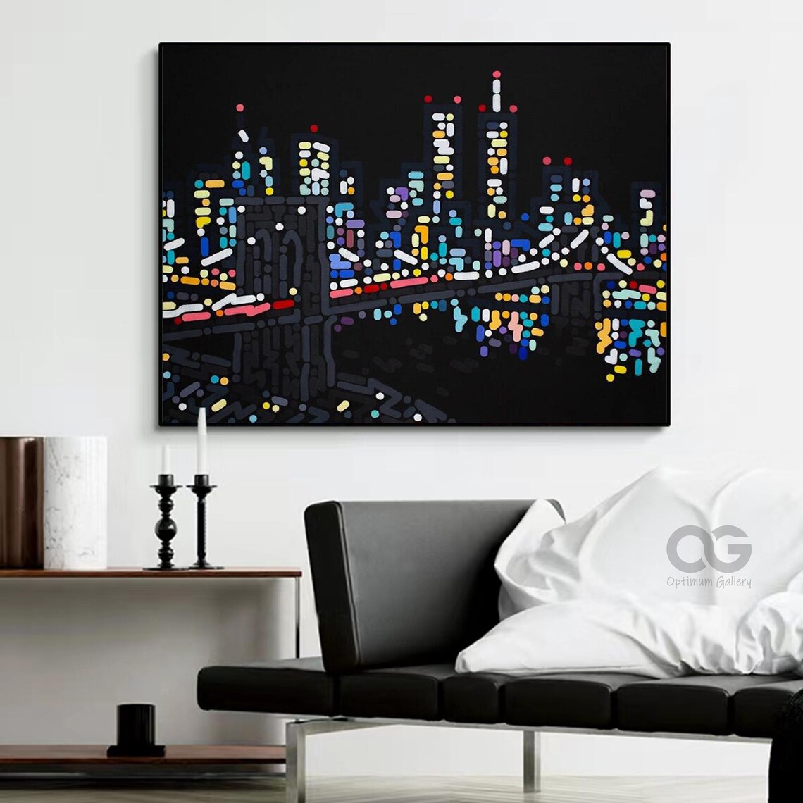 New York City Night Skyline Bridge Lights Pointillist Cityscape Poster - Image 3