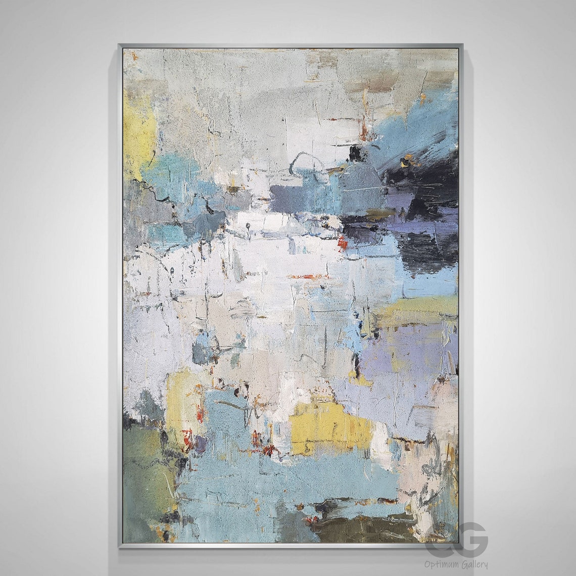 Blue Grey Yellow Abstract Textured Modern Vertical Oil Painting Poster - Image 2