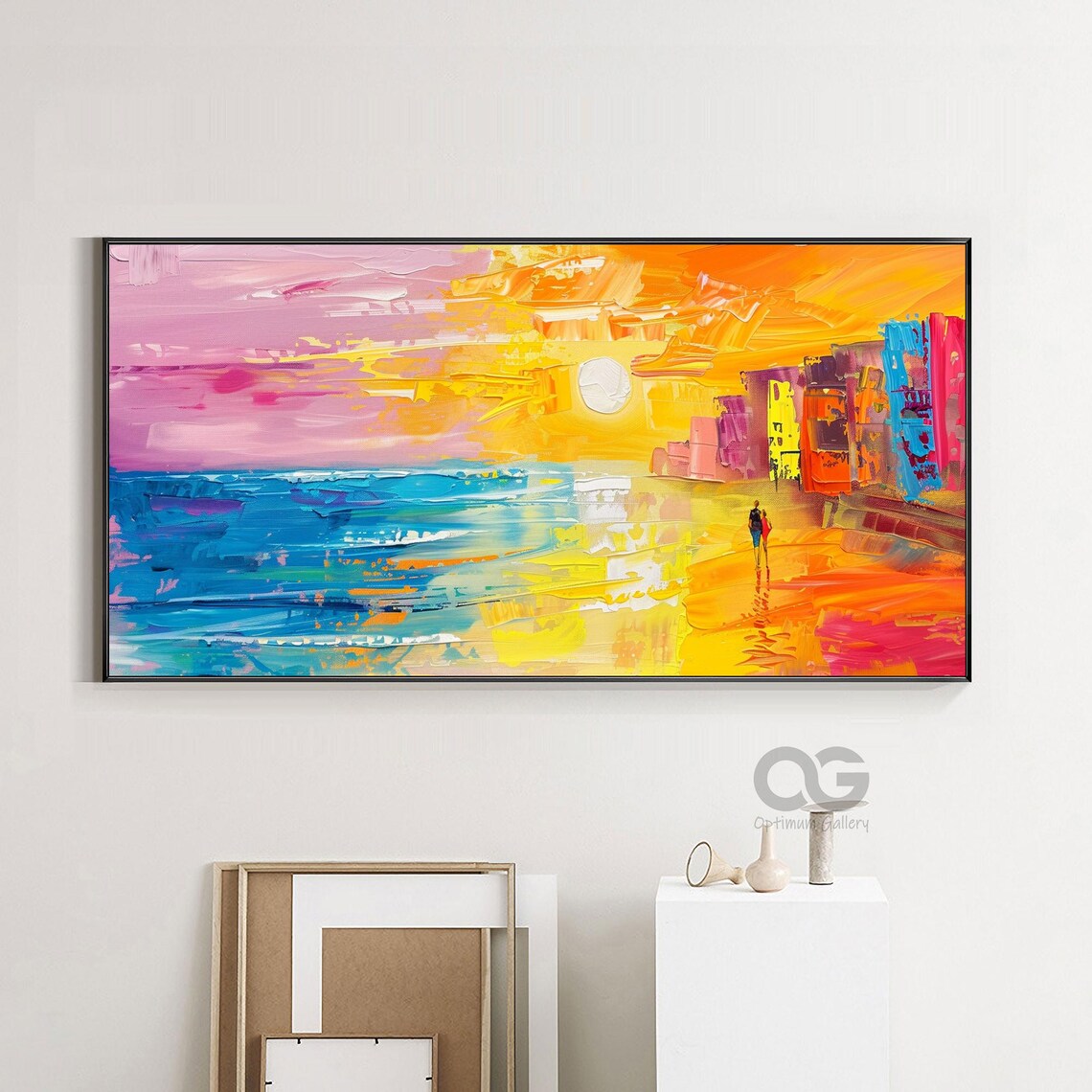 Bright Sunset Beach Couple Walking Shore Pink Orange Waves Painting Poster - Image 2