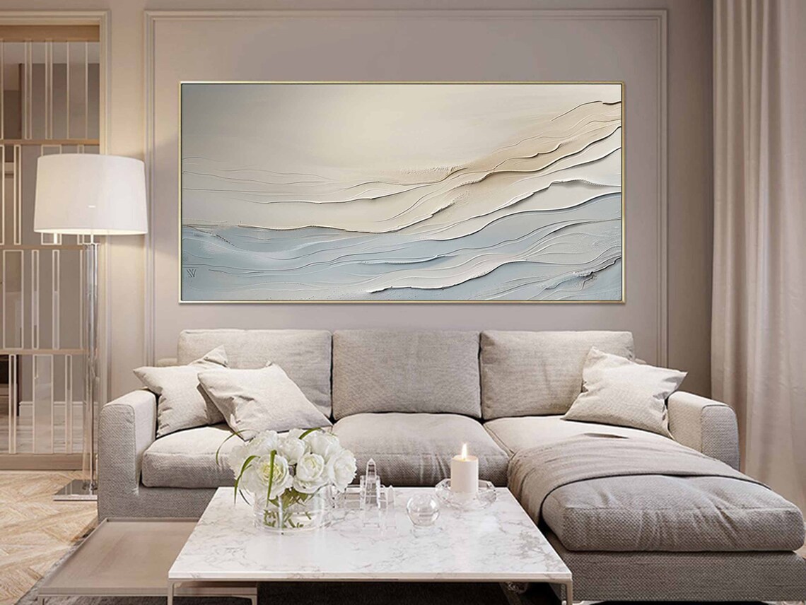 Cream Abstract Ocean Waves 3D Textured Beige Minimalist Wall Art Poster - Image 2