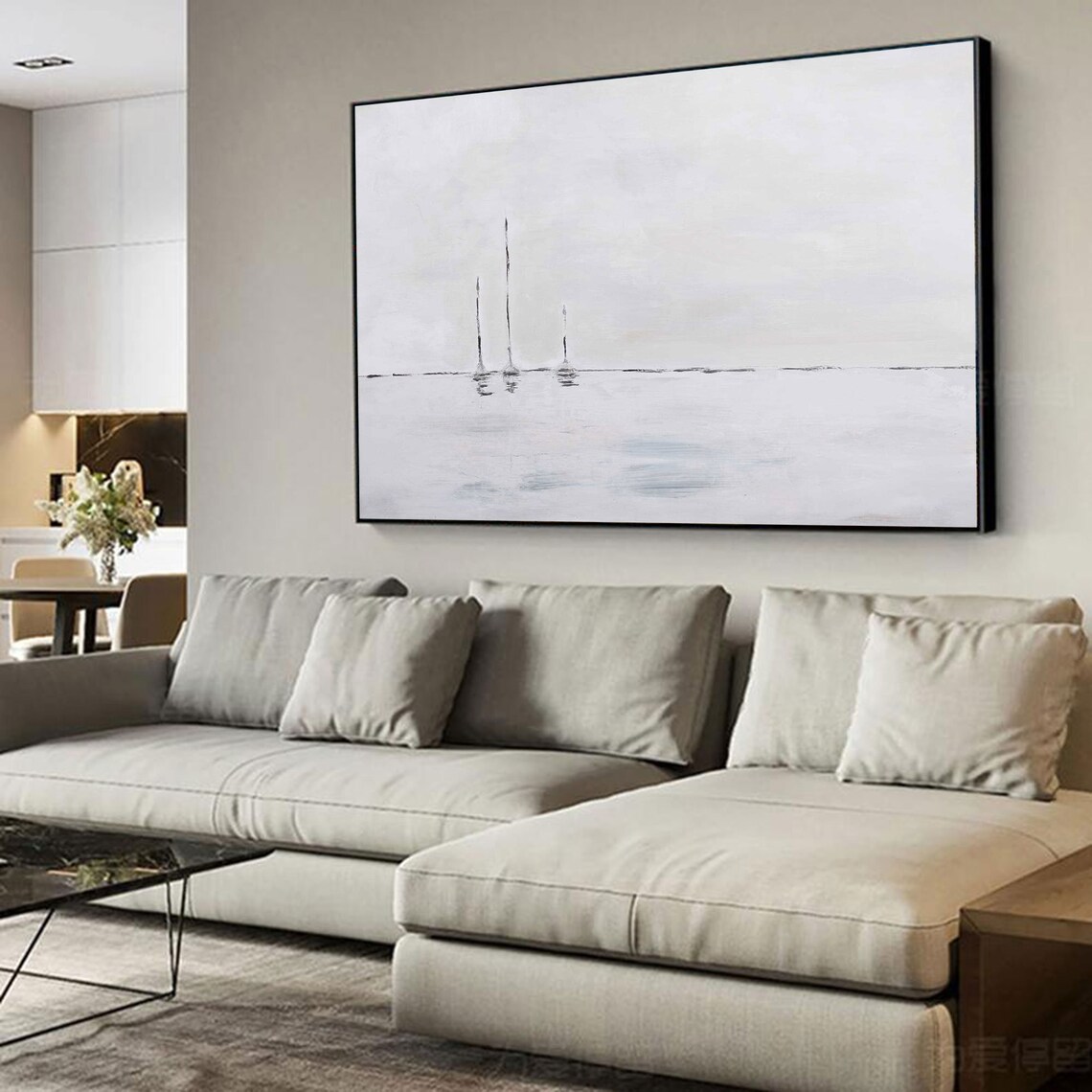 Minimalist Black White Sailboats Misty Sea Calm Horizon Art Poster - Image 3