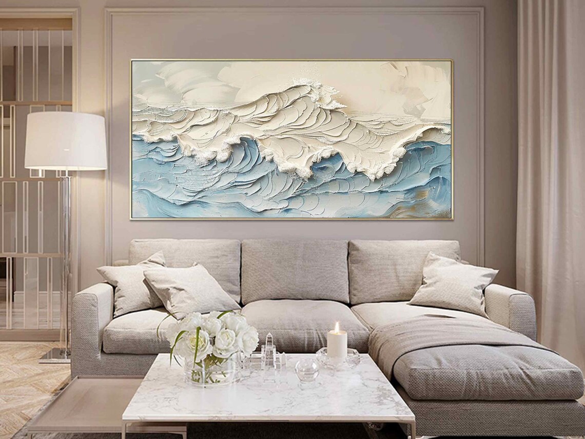White Foam Blue Ocean Wave 3D Textured Painting Gold Framed Modern Wall Art - Image 2