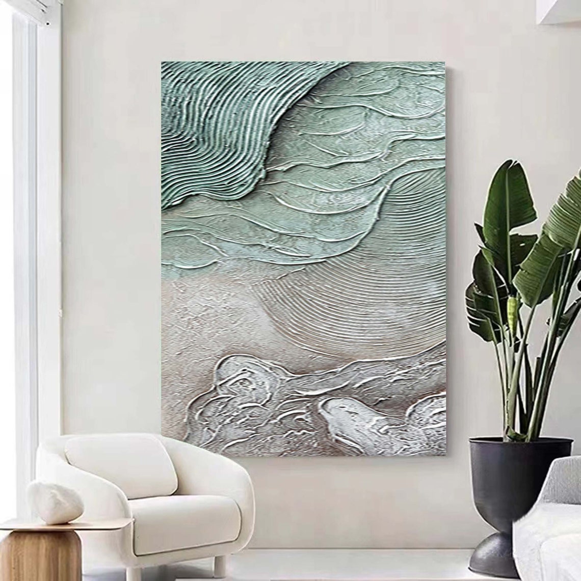 Turquoise Wave Beige Shore Textured Abstract Ocean Relief Art Poster - Image 3