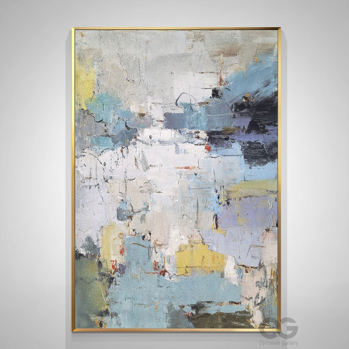 Blue Grey Yellow Abstract Textured Modern Vertical Oil Painting Poster - Image 3