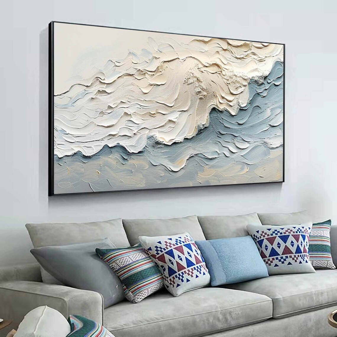 White Cream Blue Textured Ocean Waves Gold Framed Painting Modern Wall Art - Image 4