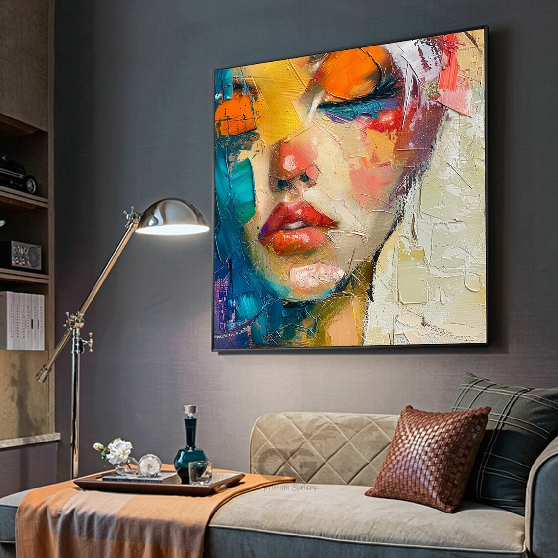 Thick Impasto Abstract Face Red Lips Colorful Textured Oil Painting Poster - Image 2