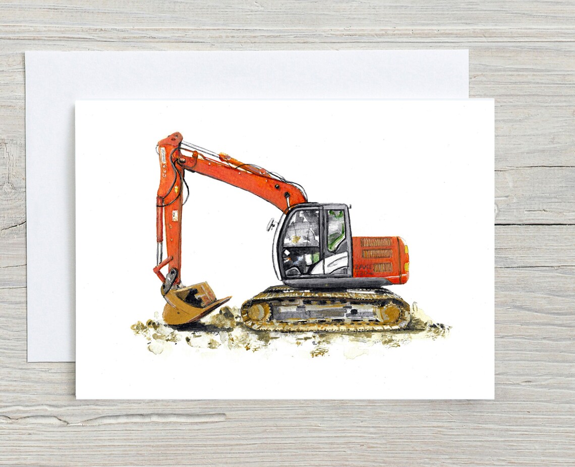 Orange Excavator Digger Watercolour Illustration Card Art Print