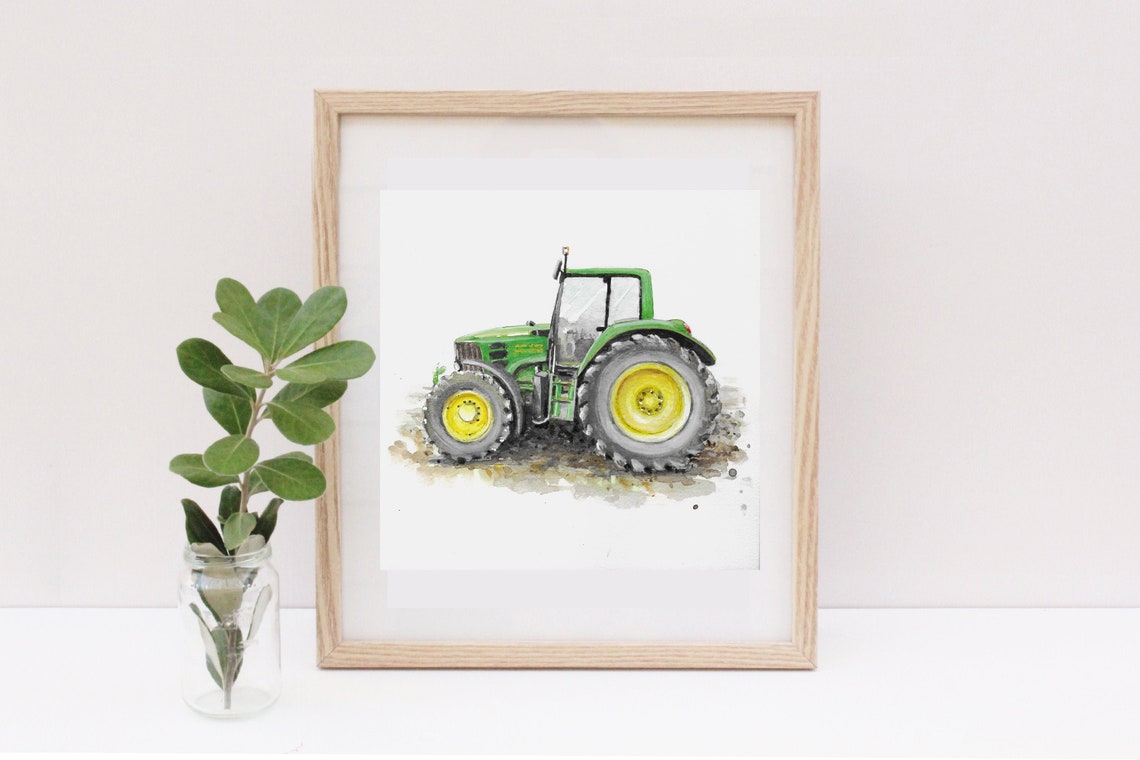 Green Tractor Watercolour Farm Machine Framed Illustration Art Print