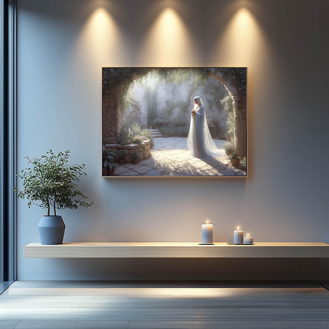 Marys Garden Virgin Mary Praying In Sunlit Stone Courtyard Catholic Poster - Image 6
