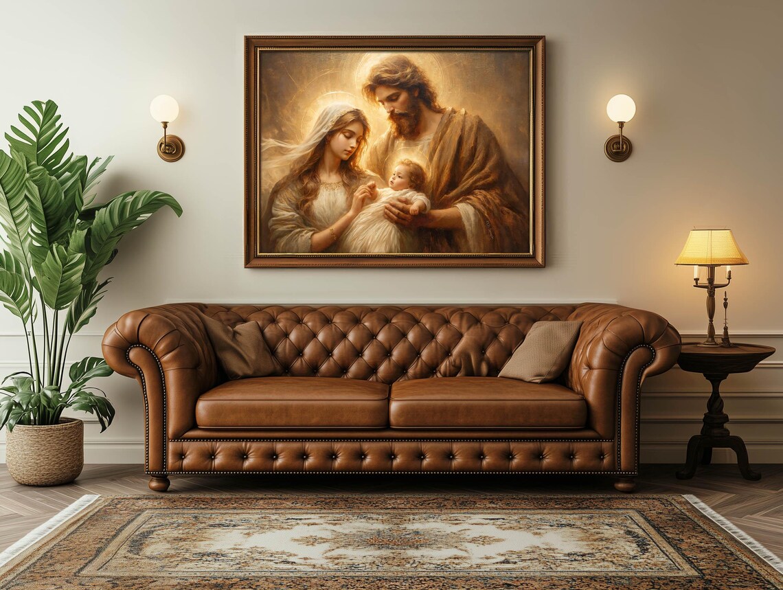 Holy Family Joseph Holding Infant Jesus With Mary Golden Halo Catholic Poster - Image 4