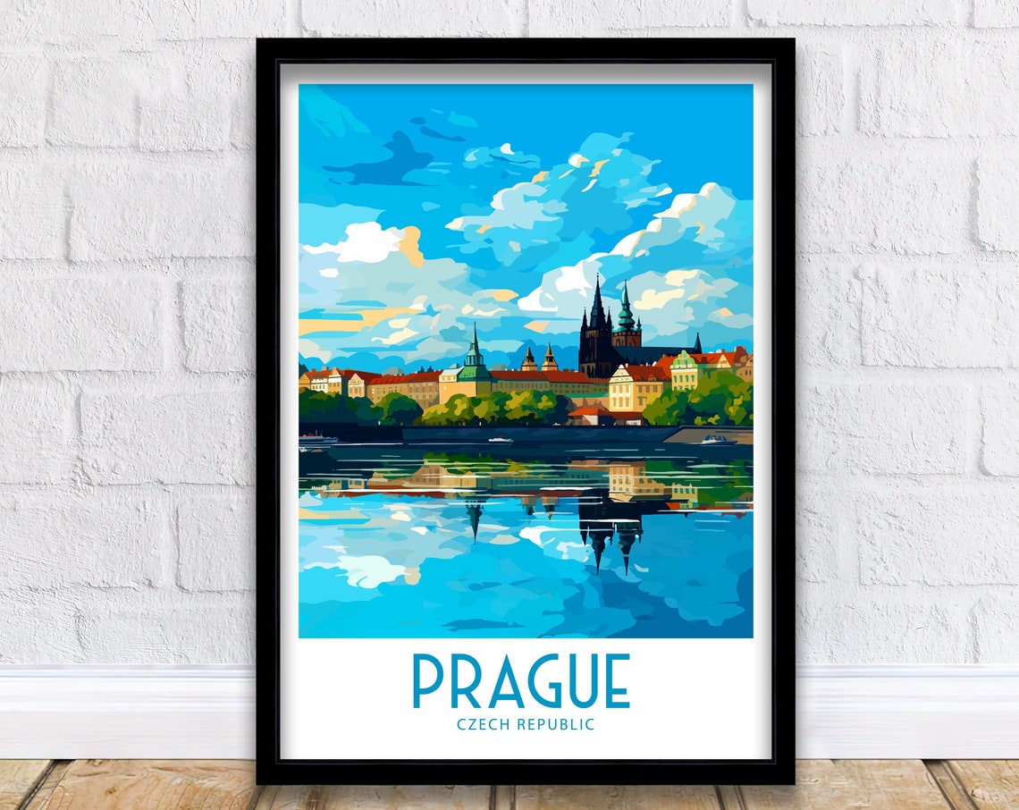 Prague Czech Republic Castle Travel Poster Blue River Reflection Art