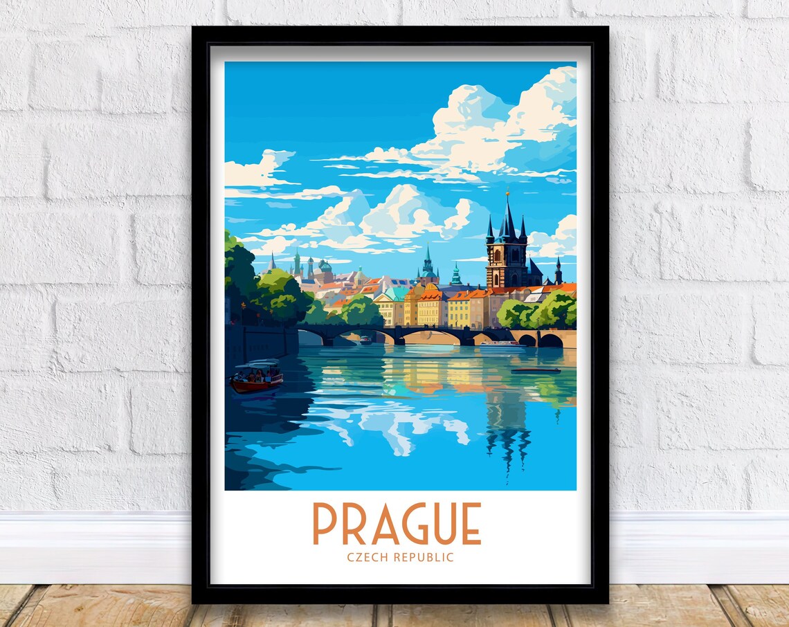 Prague Czech Republic Charles Bridge Travel Poster River Vintage Art