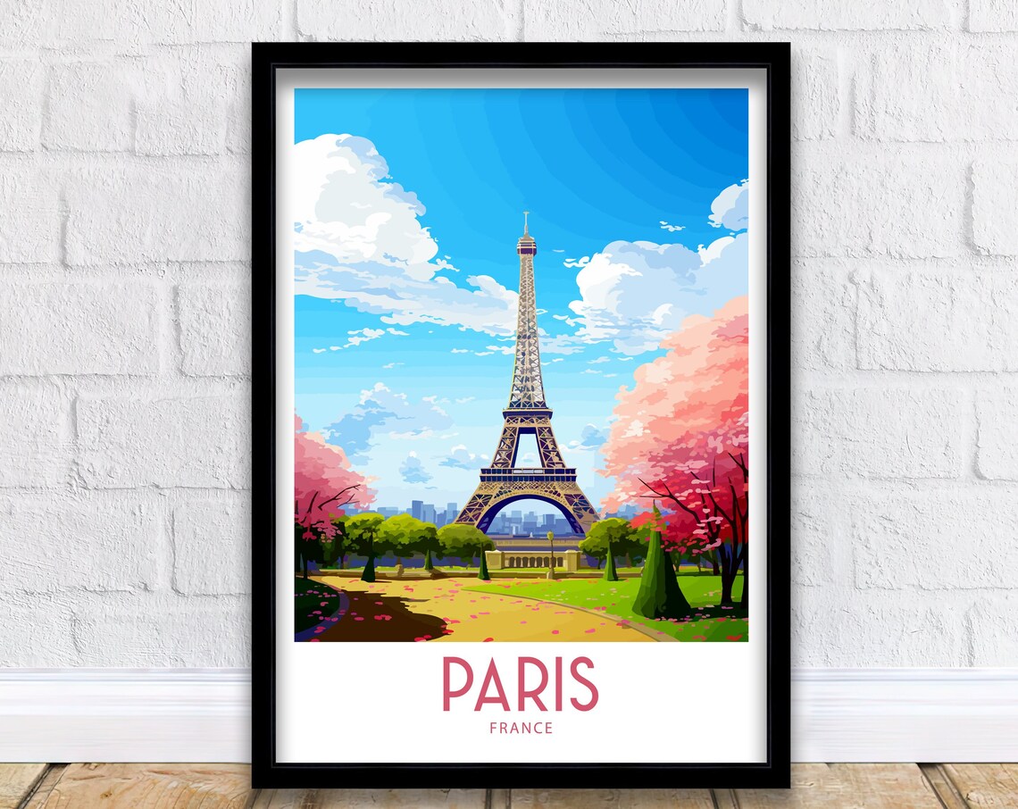 Eiffel Tower Paris France Travel Poster Cherry Blossom Vintage Art