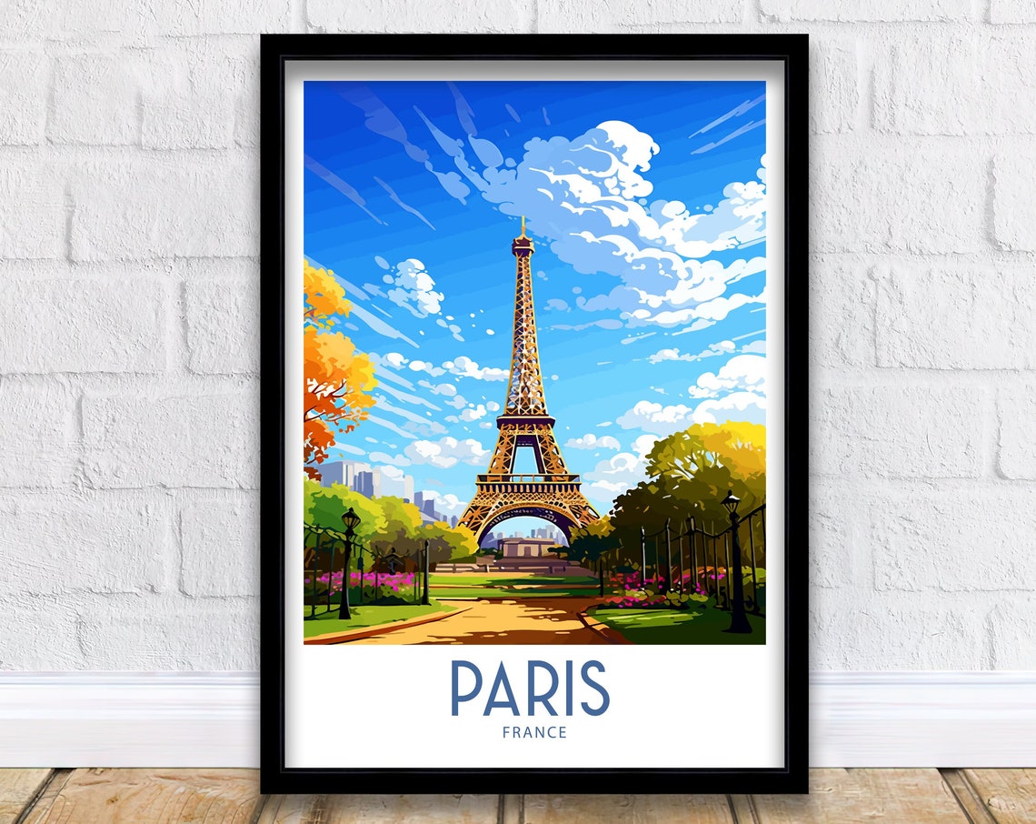 Paris France Eiffel Tower Autumn Gardens Vintage Travel Poster
