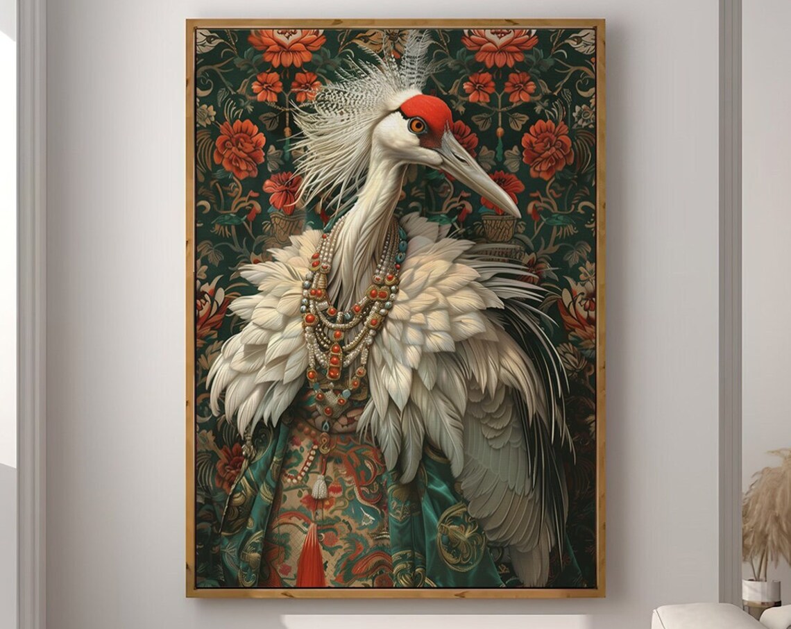Crowned Crane Royal Bird Portrait Beaded Necklace Animal Wall Art