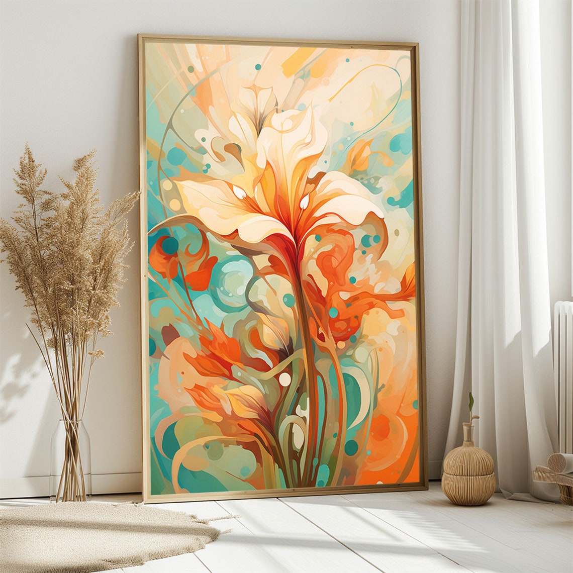 Abstract Orange Lily Botanical Painting Teal Background Art Poster - Image 2