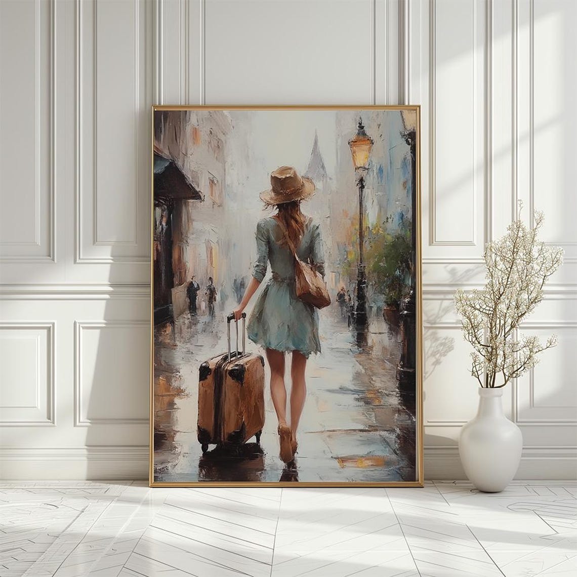 Traveler Girl In City Poster Woman Walking With Suitcase Painting Travel Inspired Art Print Urban Landscape Painting