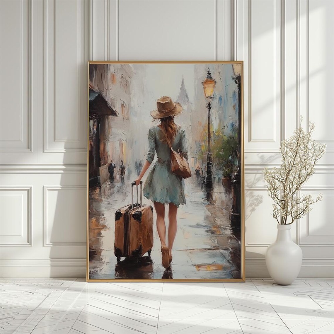 Woman Traveler With Suitcase Rainy City Street Painting Poster