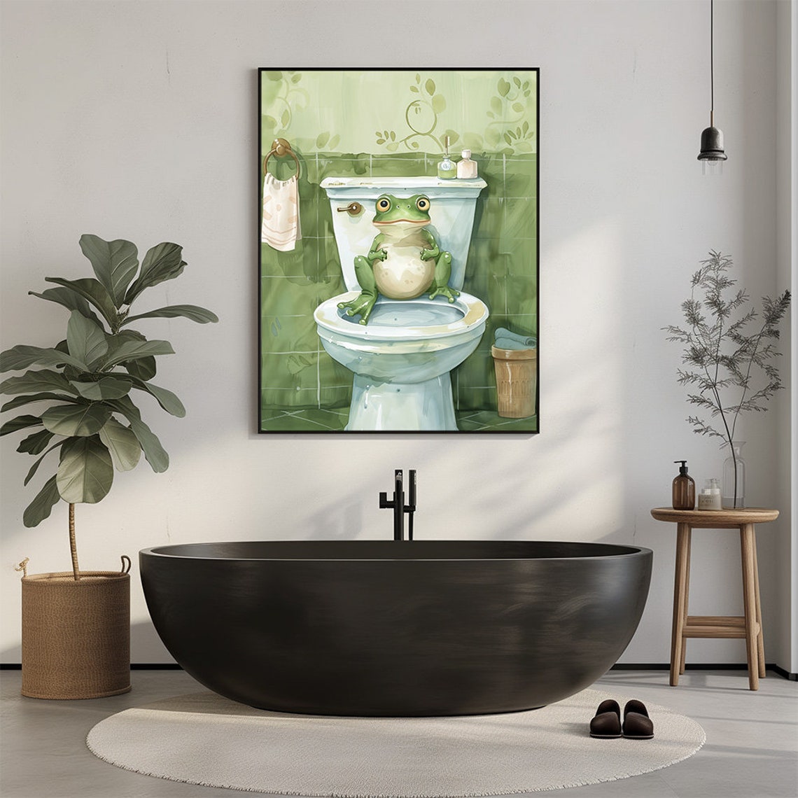 Adorable Frog In Toilet Bathroom Print Animal Art For Kids Bathroom Green Color Cute Animal Illustration Restroom Poster - Image 2