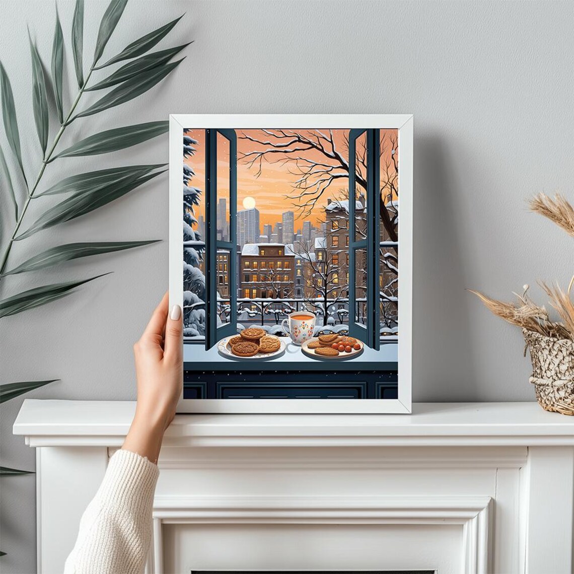 Cookies and Tea by Snowy City Window Sunset Winter Painting Poster - Image 3