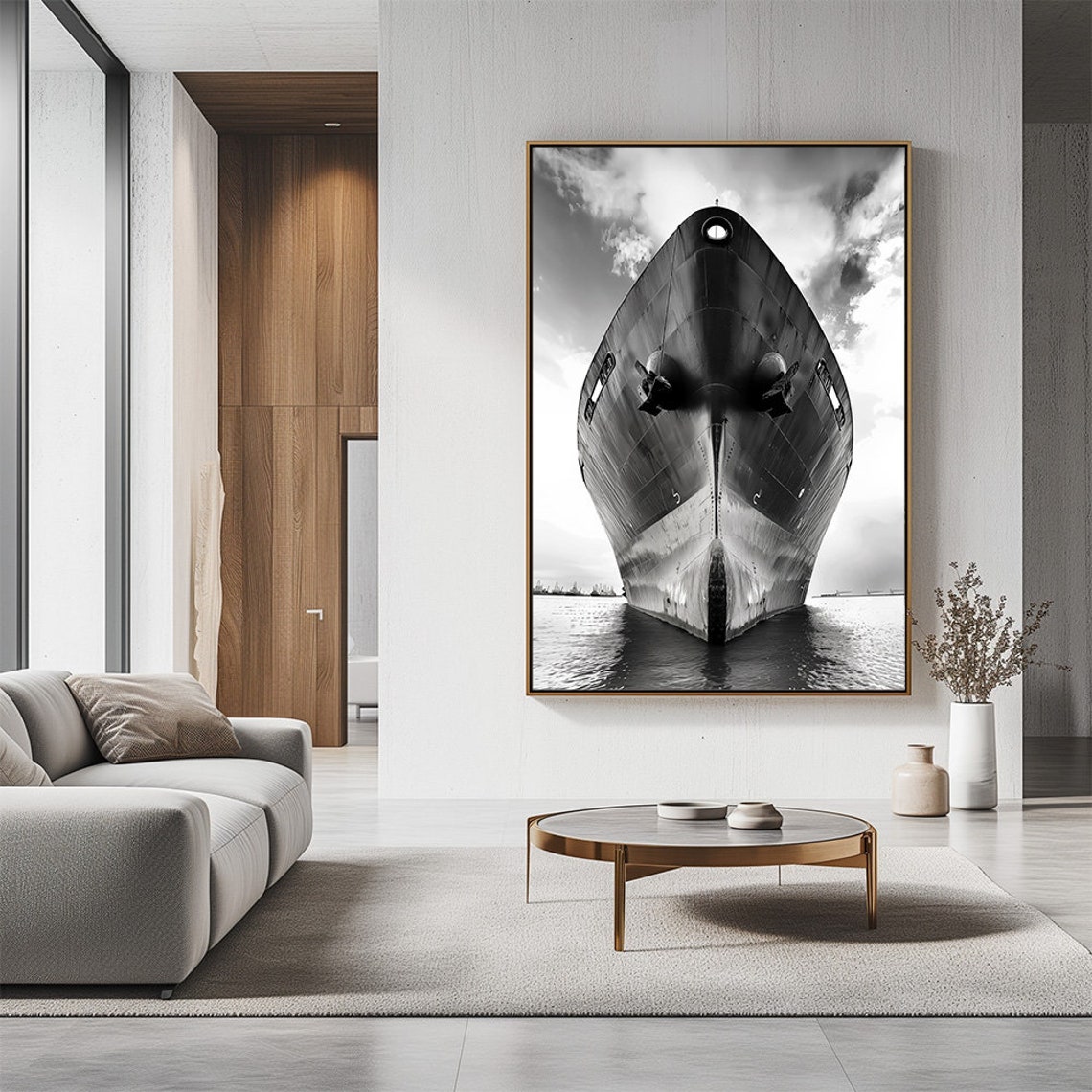 Black And White Cargo Ship Bow Front View Dramatic Photo Print - Image 2