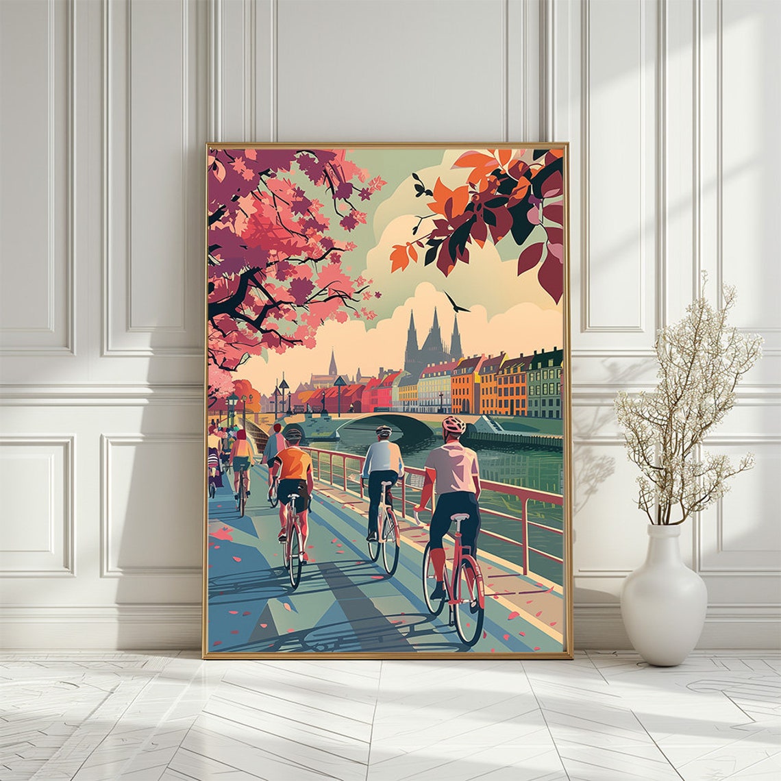 Cyclists In Scandinavian City Illustration Art Print Gift For Bicycle Lovers Sport In Stockholm City Scene Travel Poster
