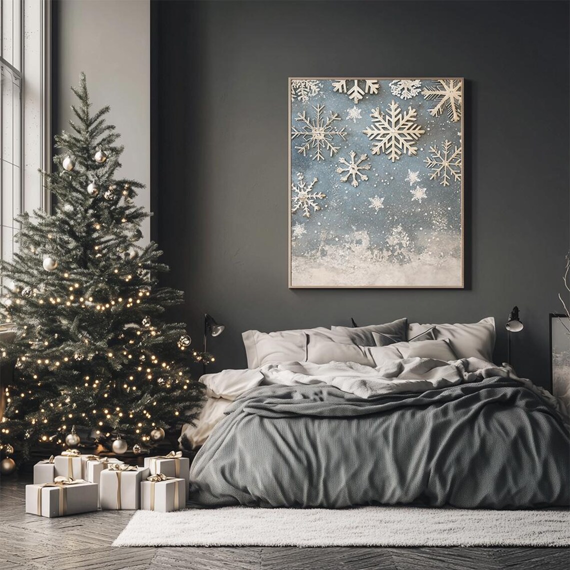 Elegant Silver Snowflakes Winter Wonderland Scene Art Poster - Image 3