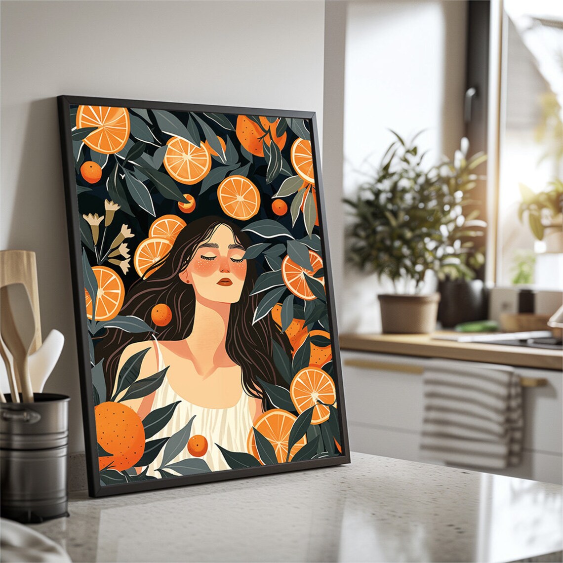 Woman With Orange Slices Botanical Kitchen Illustration Art Print - Image 2
