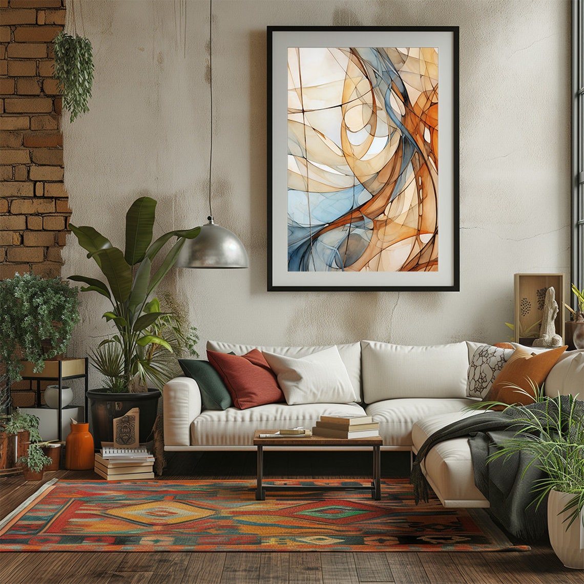 Abstract Amber Blue Flowing Lines Nordic Modern Wide Wall Print - Image 2