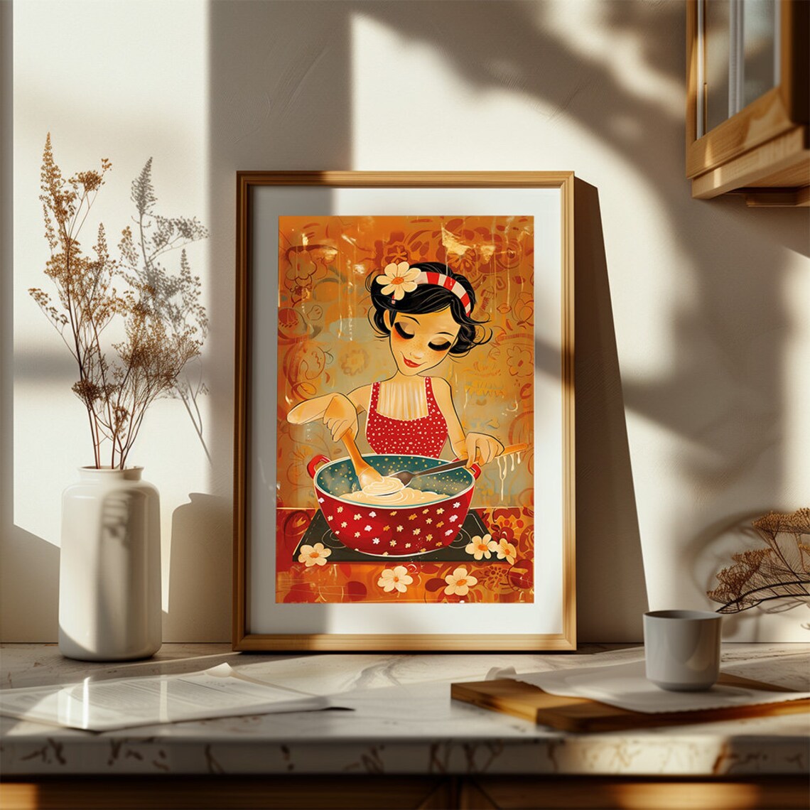 Retro Cooking Woman Stirring Big Pot Cheerful Kitchen Art Poster - Image 3