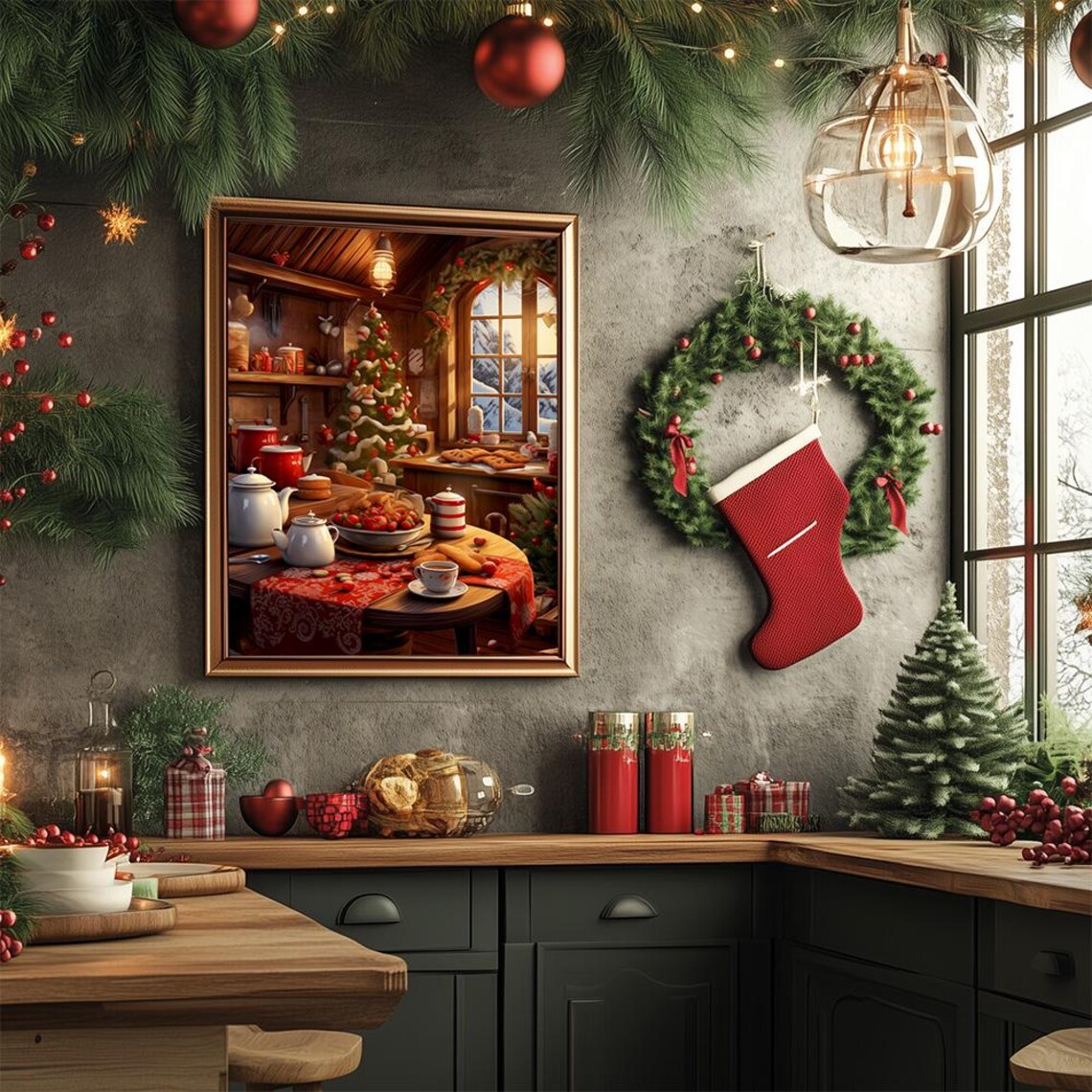 Cozy Christmas Kitchen Cottage Holiday Tea Time Painting Poster - Image 2