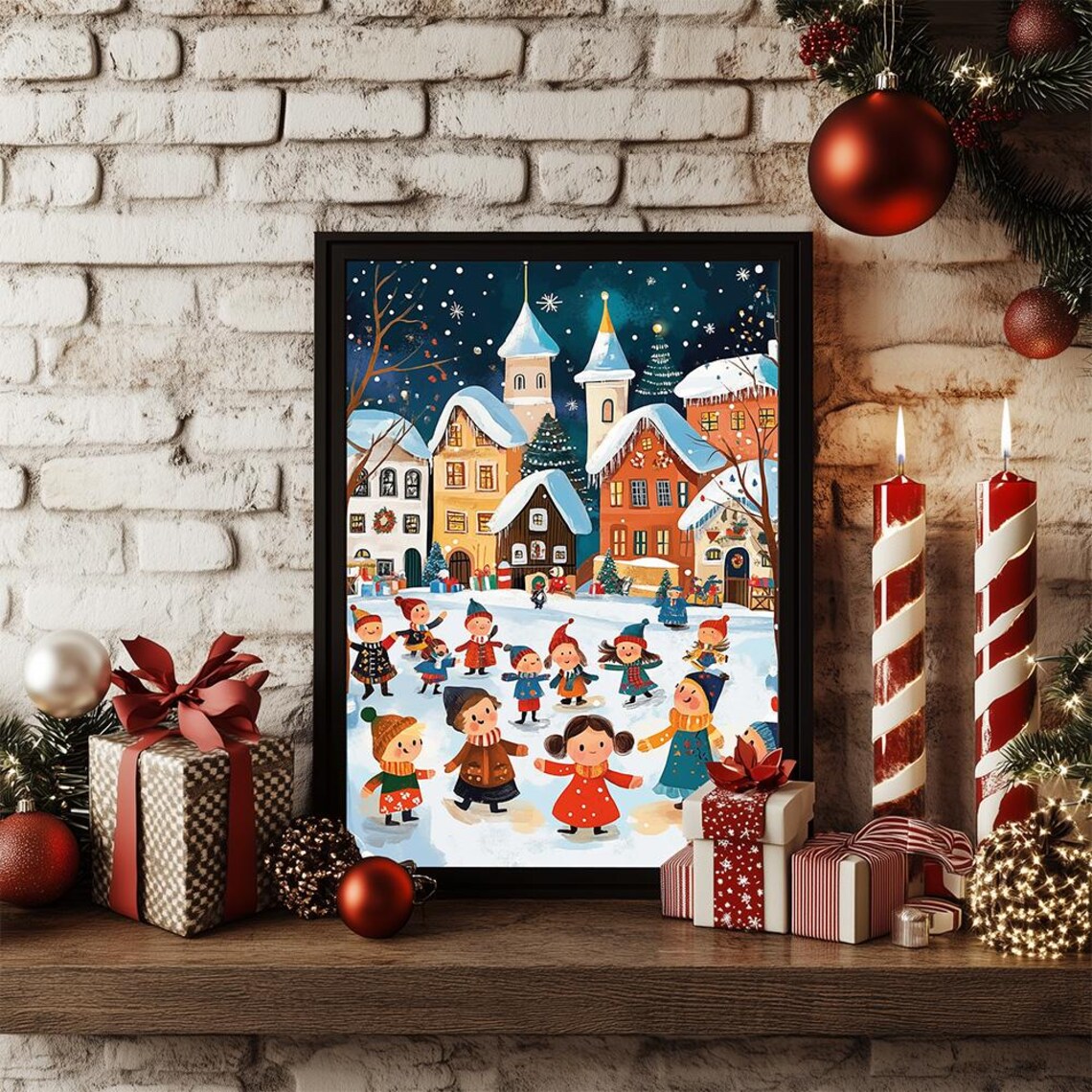 Christmas Village Children Playing In Snow Holiday Art Poster - Image 3