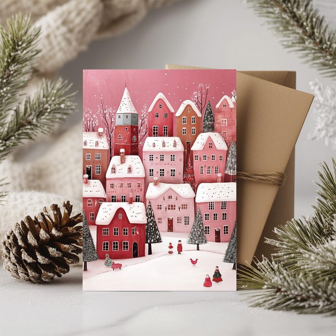 Pink Christmas Village Snowy Houses Nordic Illustration Poster - Image 2