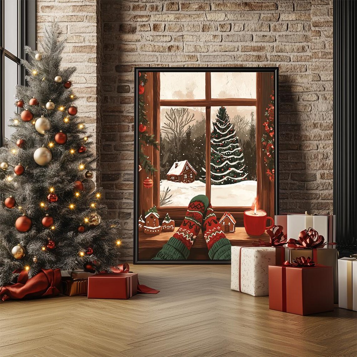 Cozy Christmas Morning Window Poster With Festive Socks and Snowfall - Image 3