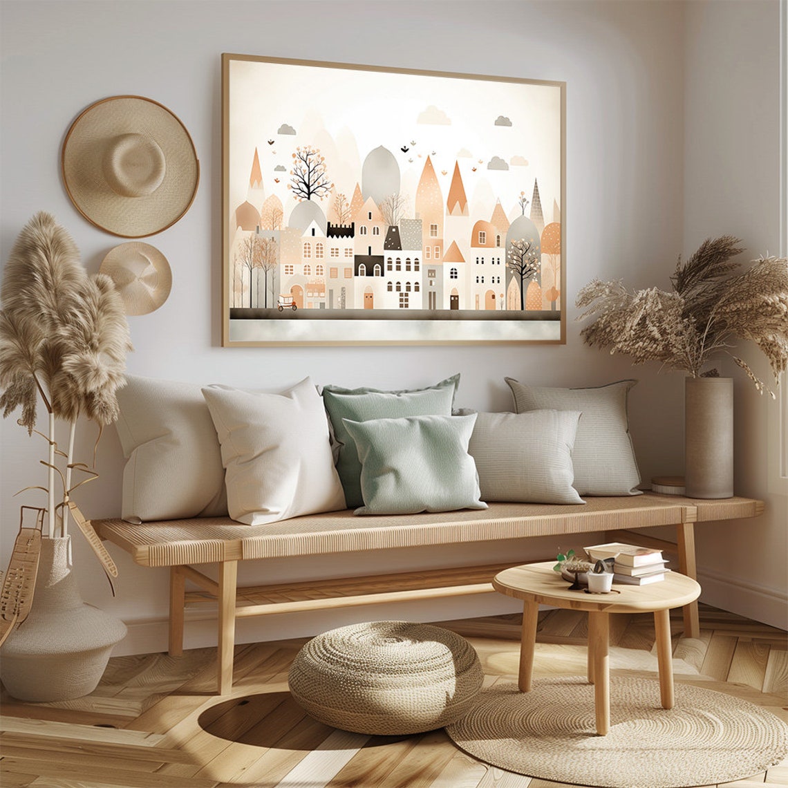 Nordic Abstract Village Cityscape Whimsical Soft Nursery Print - Image 2