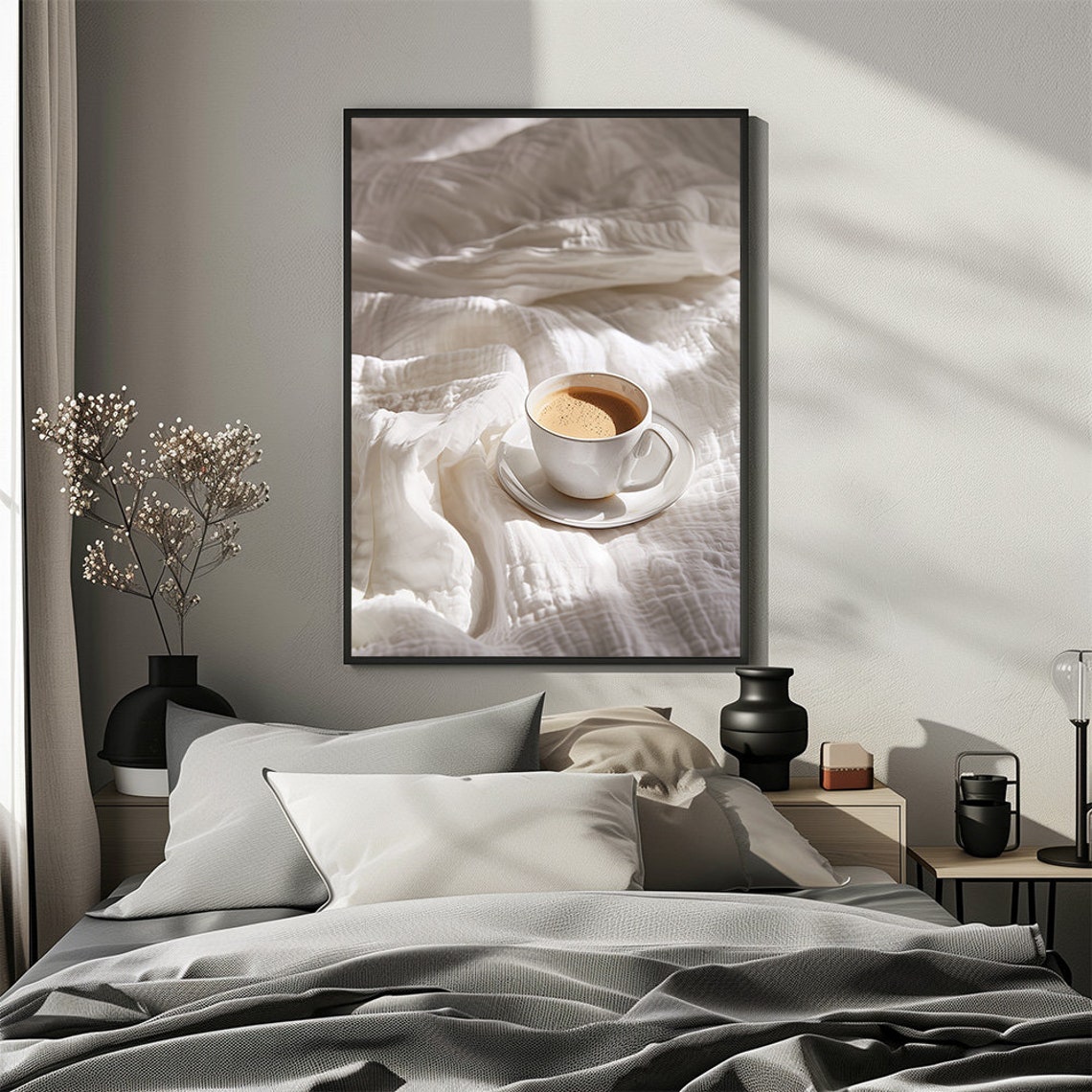 Morning Coffee Cup Resting On Sunlit White Bedding Bedroom Poster - Image 3