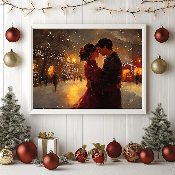 Vintage Christmas Couple Snowy Street Romance Holiday Poster