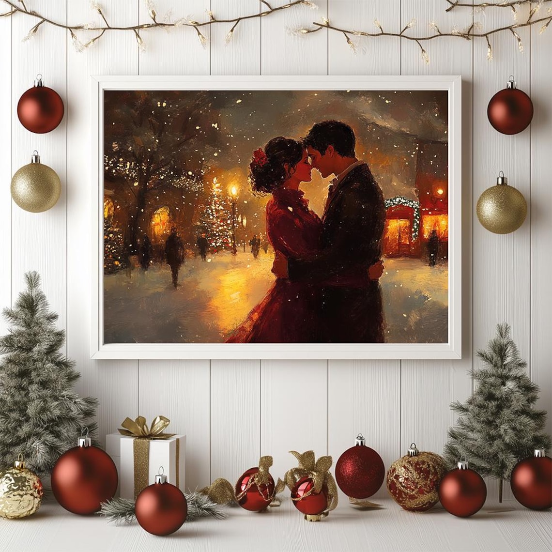Vintage Christmas Couple Snowy Street Romance Holiday Poster