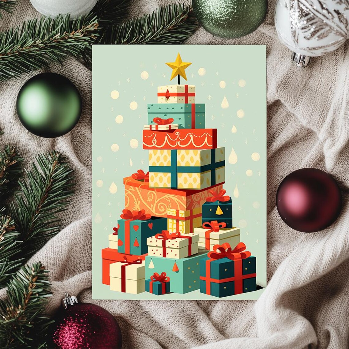 Stacked Christmas Gifts Tree Retro Holiday Gold Star Art Poster - Image 3