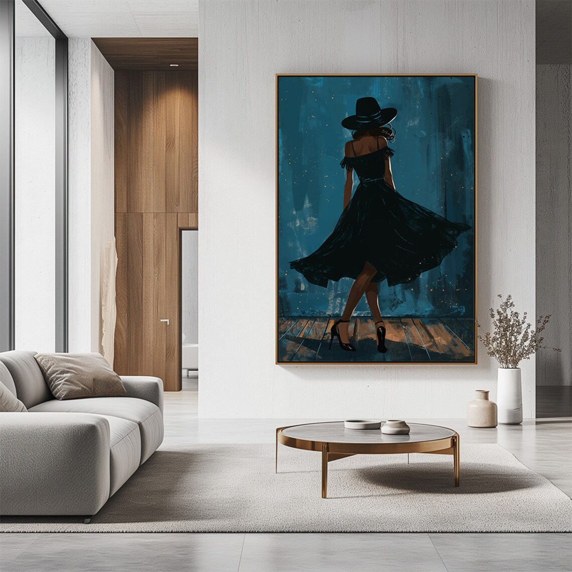 Elegant Woman Black Dress Dancing Teal Moody Fashion Art Poster - Image 3