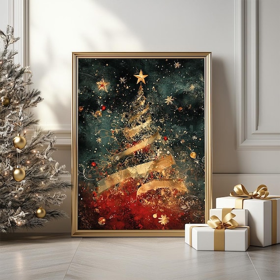 Golden Abstract Christmas Tree Dark Night Holiday Art Poster