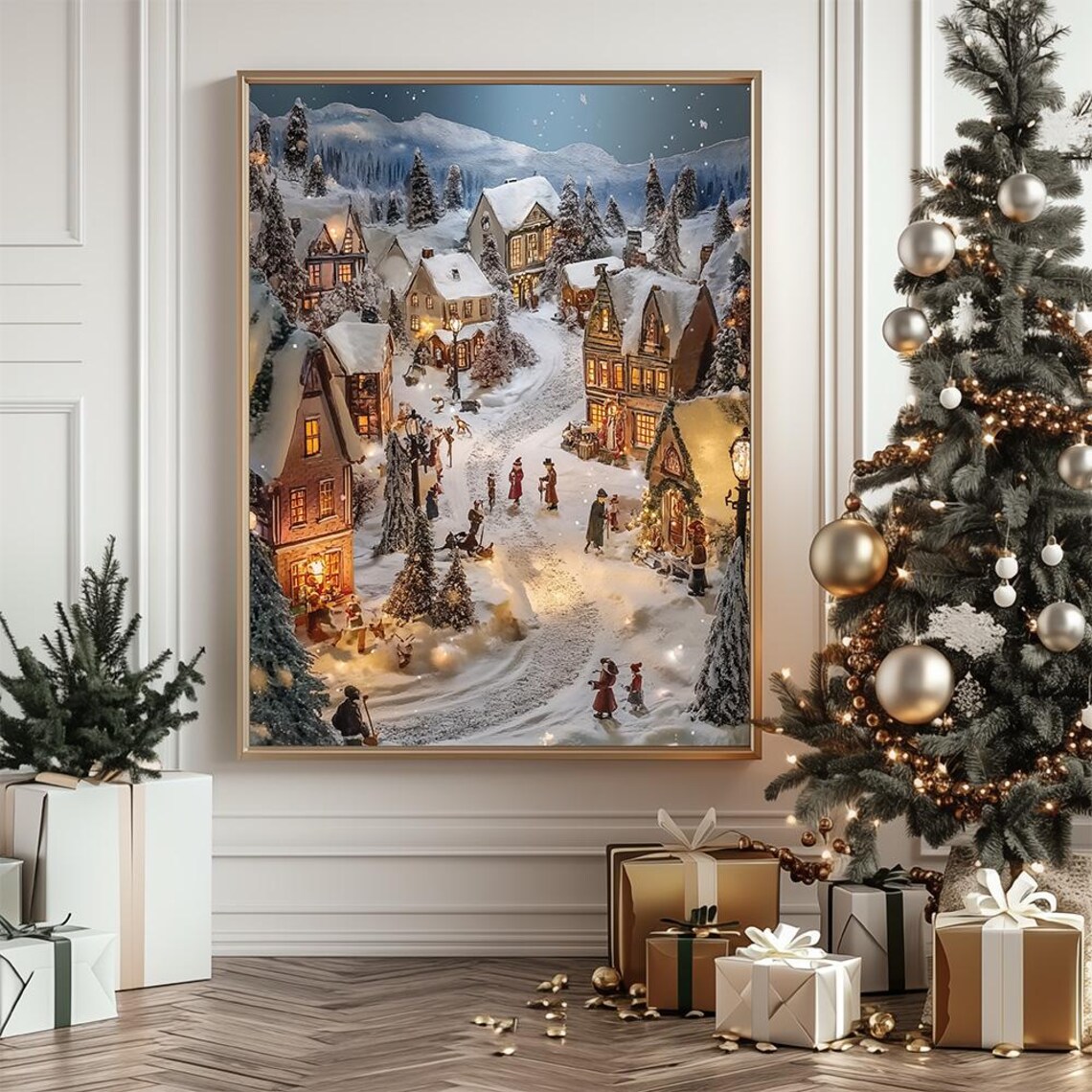 Snowy Christmas Village Night Lights Vintage Holiday Art Poster - Image 2