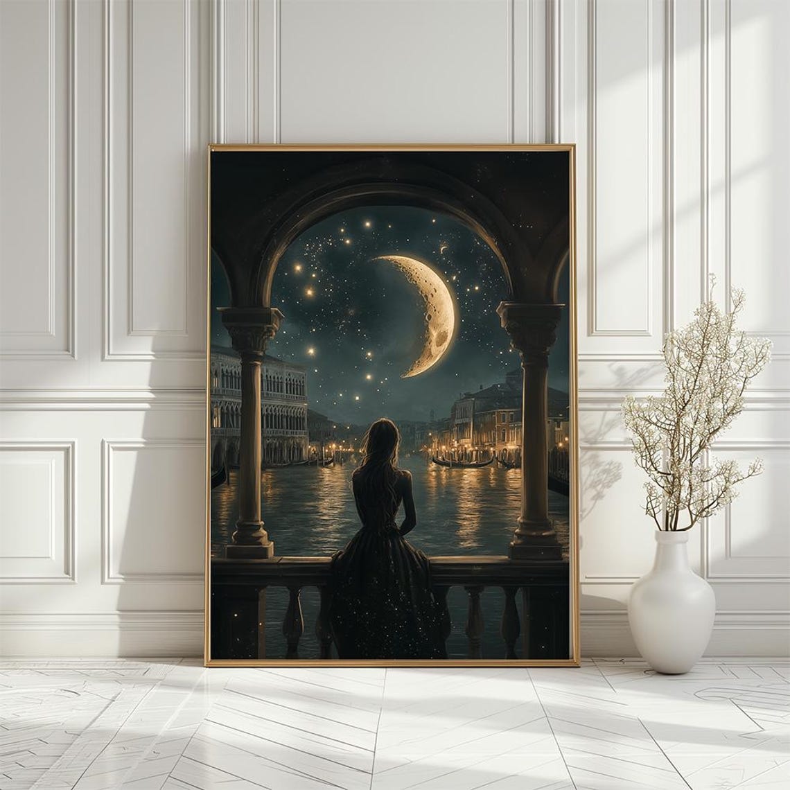Woman Watching Crescent Moon Over Moonlit Venice Canal Night Print