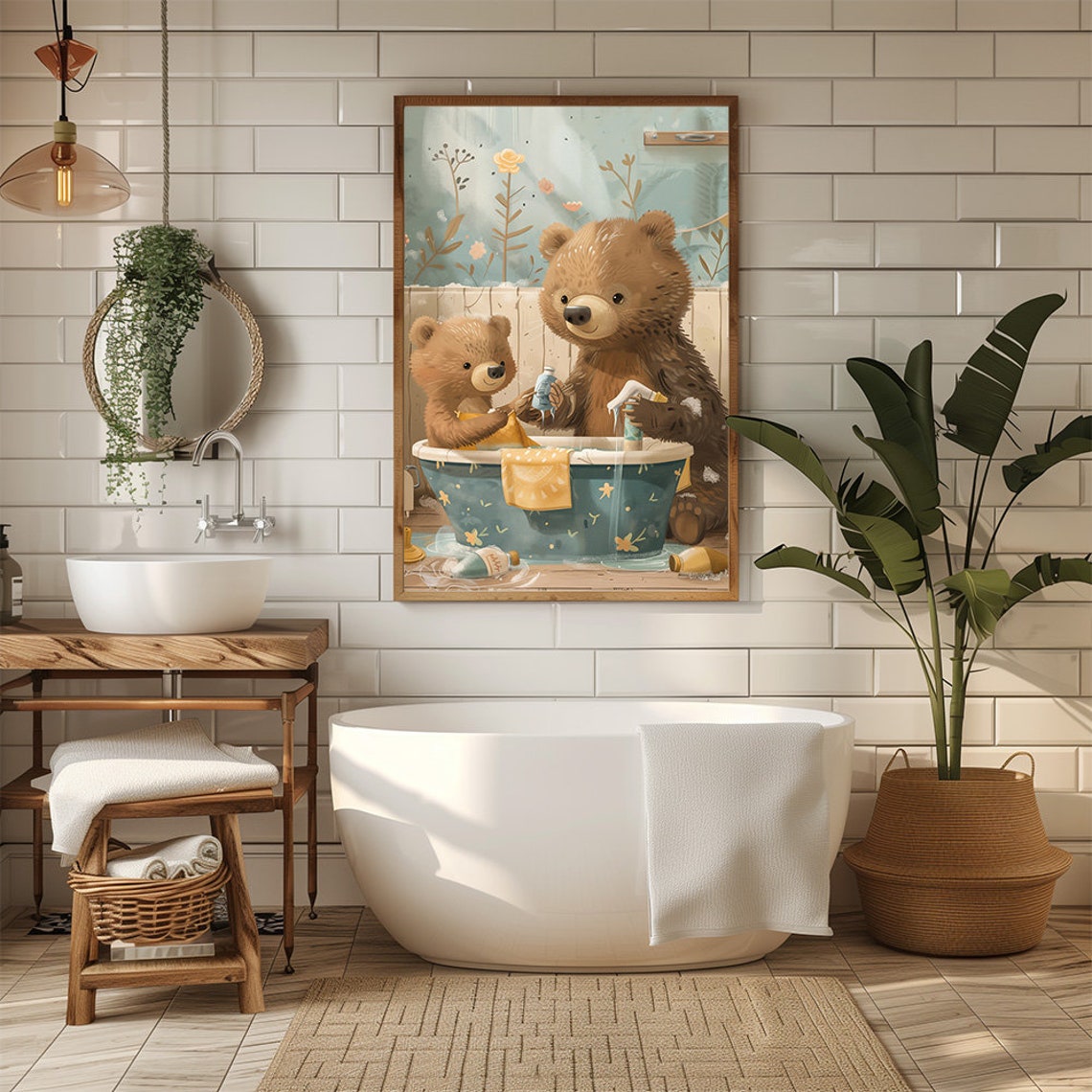Adorable Bear Washing Baby In Blue Bathtub Bathroom Wall Poster - Image 2