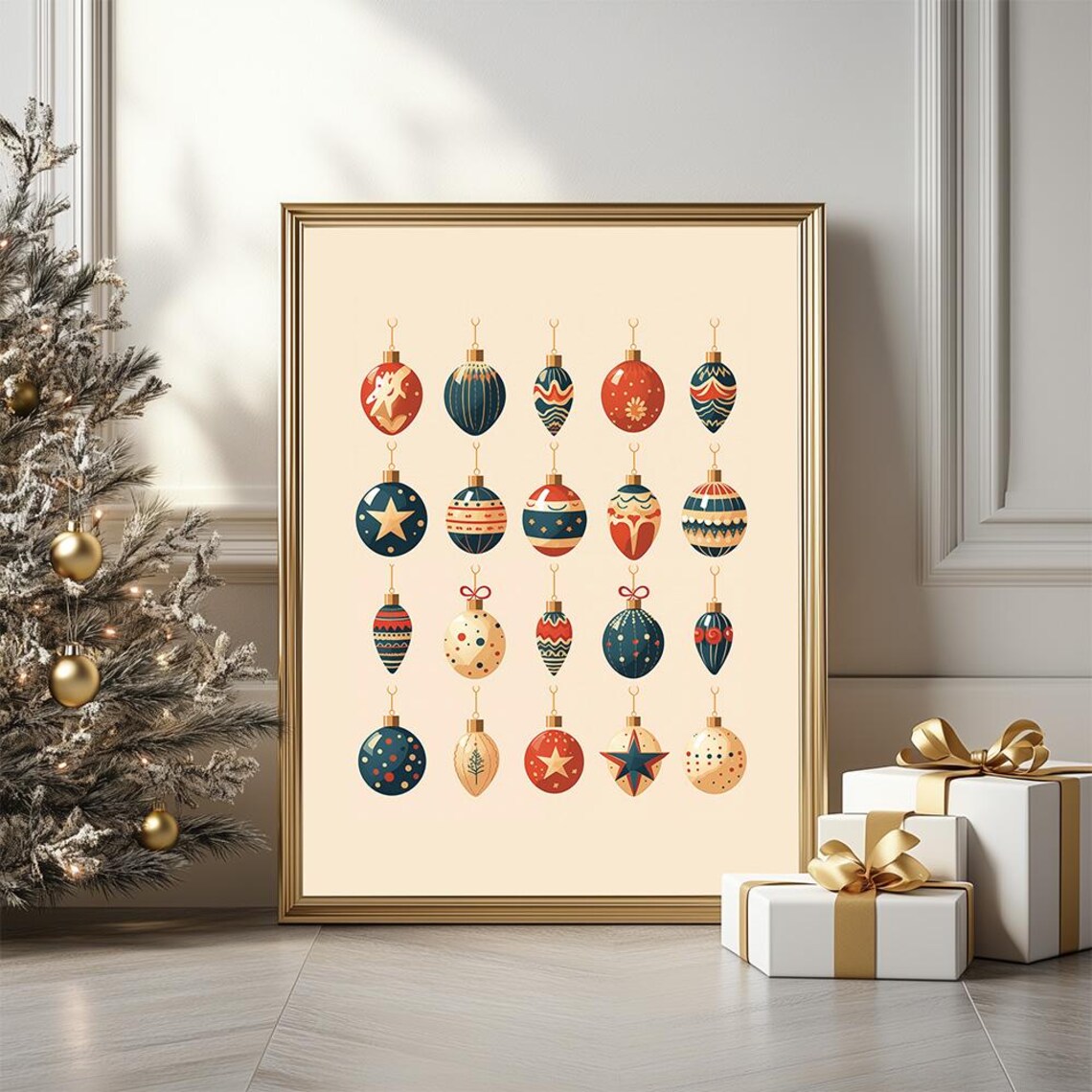 Scandinavian Christmas Tree Ornaments Retro Baubles Art Print