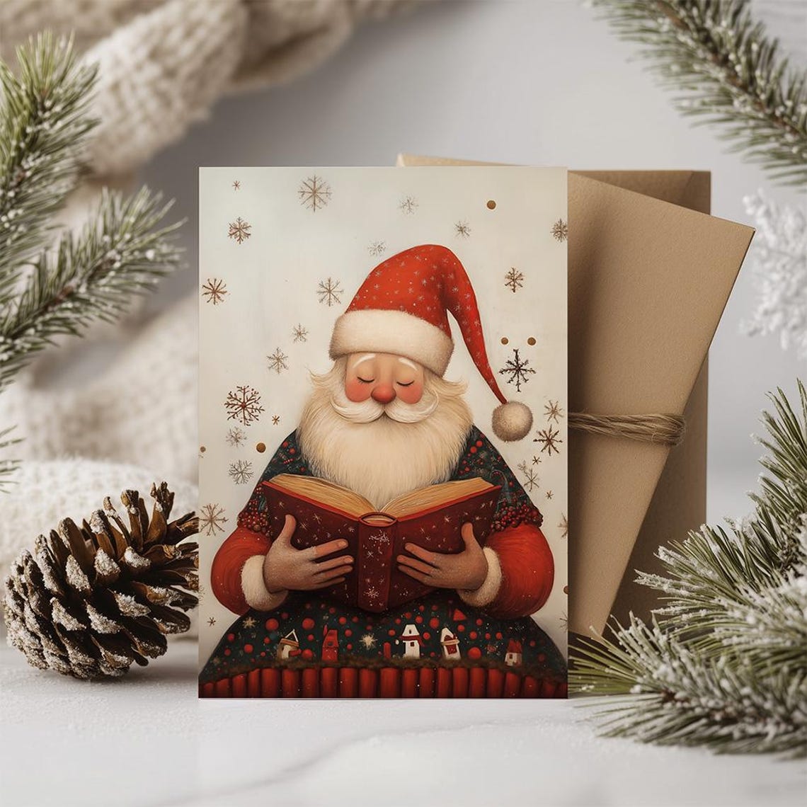 Santa Claus Reading Big Book Cozy Christmas Illustration Poster - Image 3